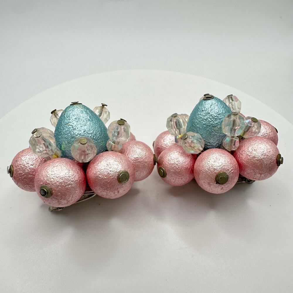 1950s vintage silver tone AB glass pink blue celluloid beaded clip on earrings - Picture 2 of 8